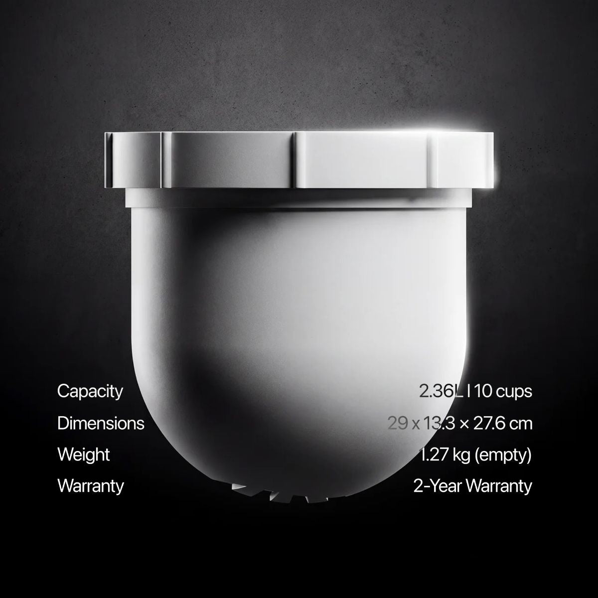 Filter specifications: 2.36 L capacity, 29 x 13.3 x 27.6 cm, 1.27 kg, 2-year warranty